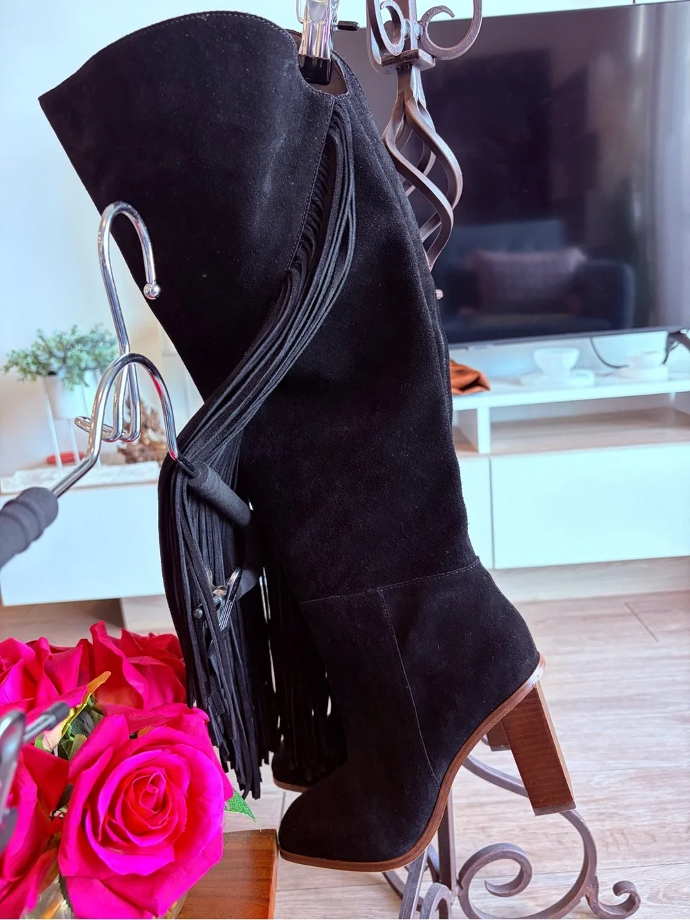 Jessica Simpson Black Suede Over-the-Knee Fringe Boots